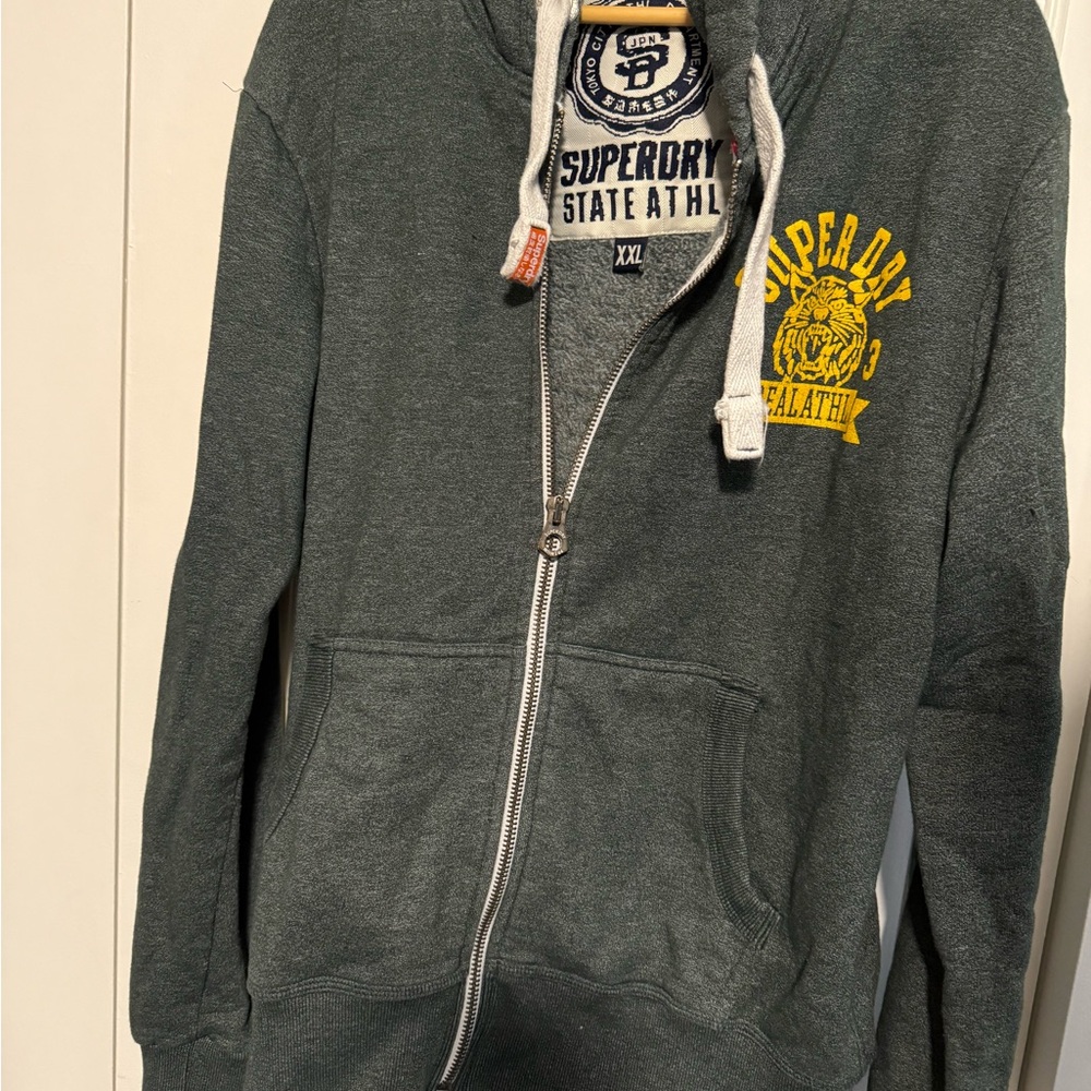 Superdry Men's Dark Gray Zip-Up Sweater with Yellow Accents